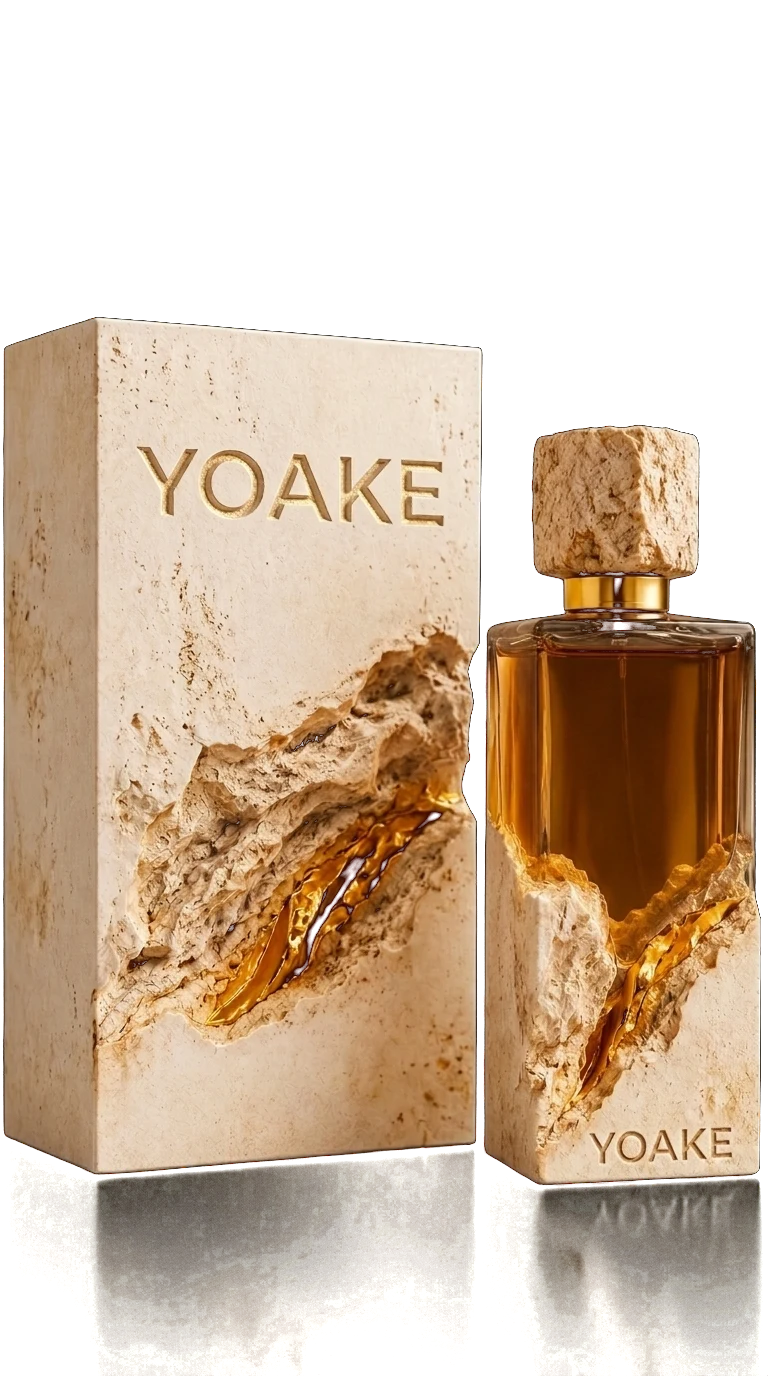 YOAKE Cologne: amber glass bottle with a carved stone cap and base, beside its ivory stone box engraved YOAKE in gold
